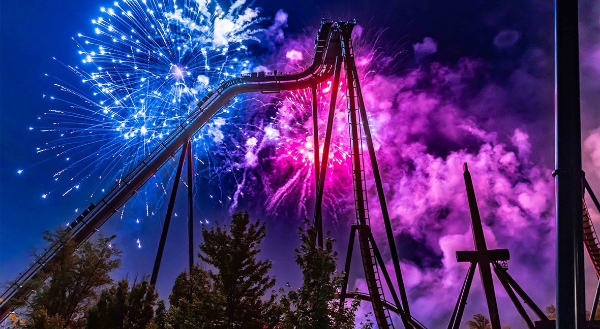 Fireworks over a rollercoaster at Canada's Wonderland