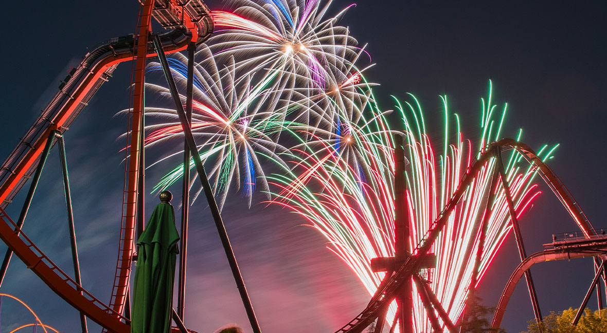 Fireworks over a rollercoaster at Canada's Wonderland